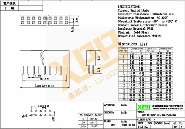 1.27间距双排直插塑高1.5 排母连接器规格书