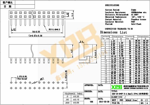 1.27双排贴片排母连接器规格书 1.27双排贴片排母连接器规格书