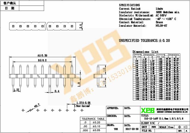 1.27单排直针排针连接器产品规格书 1.27单排直针排针连接器产品规格书