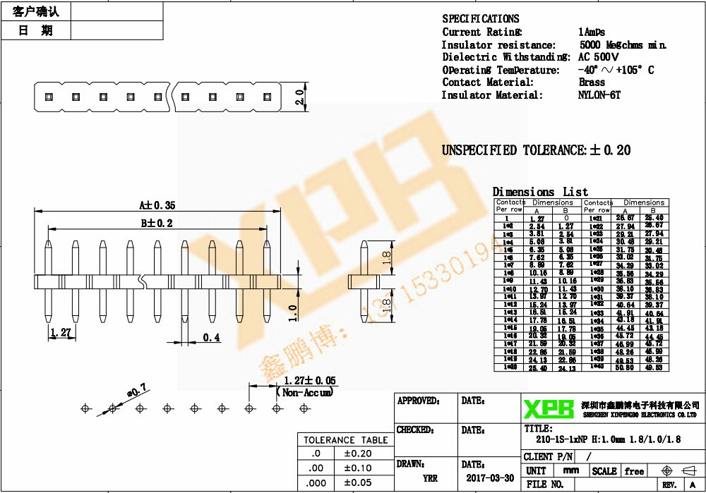 1.27单排直针排针连接器产品规格书 1.27单排直针排针连接器产品规格书
