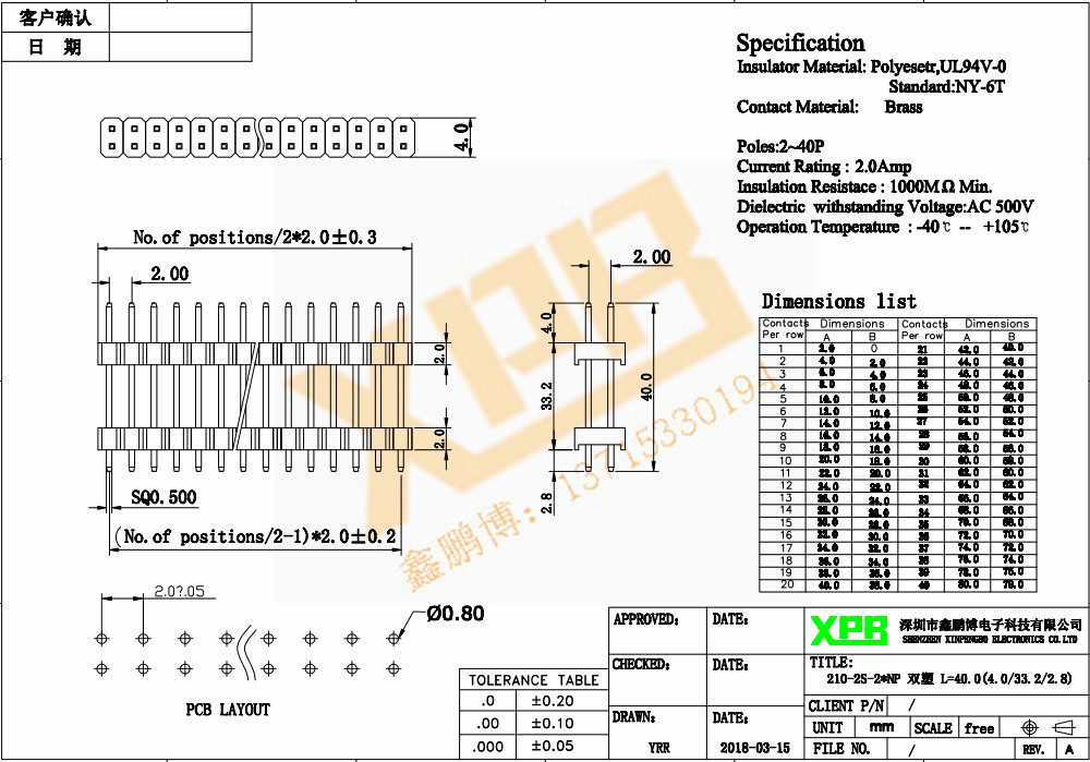 2.0间距 双排 双塑 直插 排针规格书 2.0间距 双排 双塑 直插 排针规格书